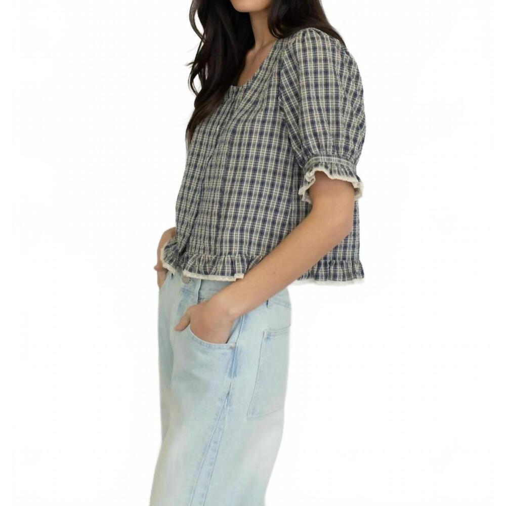 NEW THINGS BETWEEN colleen ruffle trim plaid blouse in navy